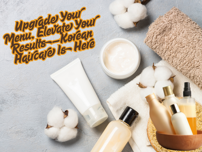 Korean haircare products with cotton, towel, and cream jar on a spa setting background, promoting salon upgrades.