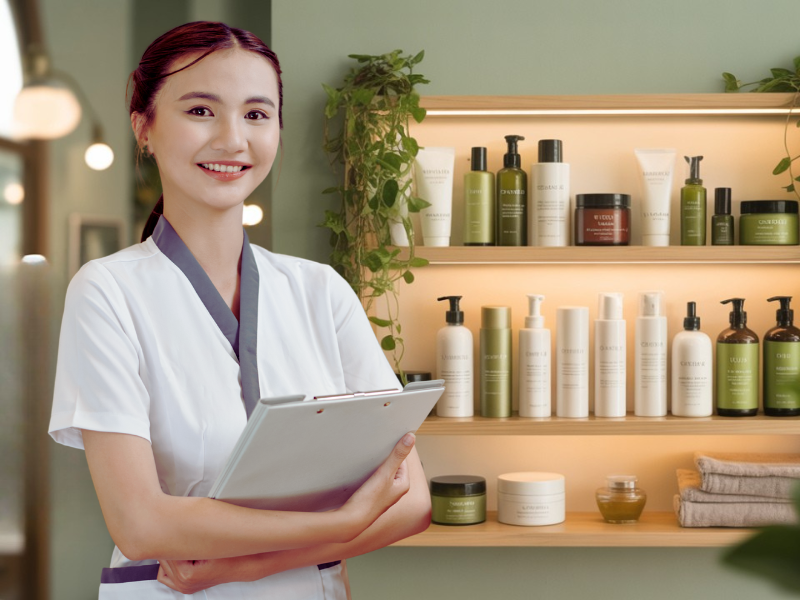 Ingredient-savvy salon expert stands proudly by plant-based product shelves in a clean, modern salon setting.