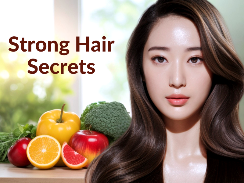 Strong hair secrets visual with glossy hair and superfoods – boost hair strength from inside out naturally