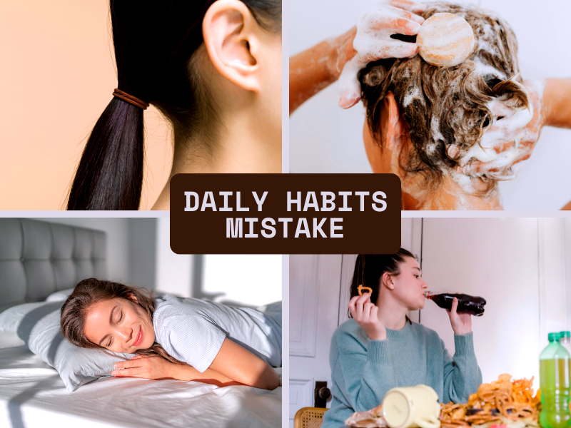 Common hair care mistakes shown in daily routine – tight styles, harsh shampoo, junk food, and bad sleep habits