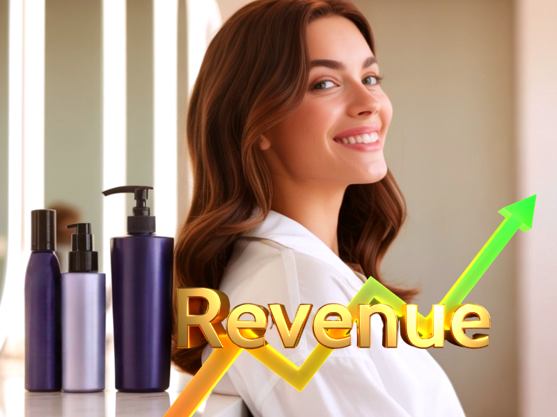 Smiling salon professional with haircare bottles – boost salon revenue through strategic product retailing