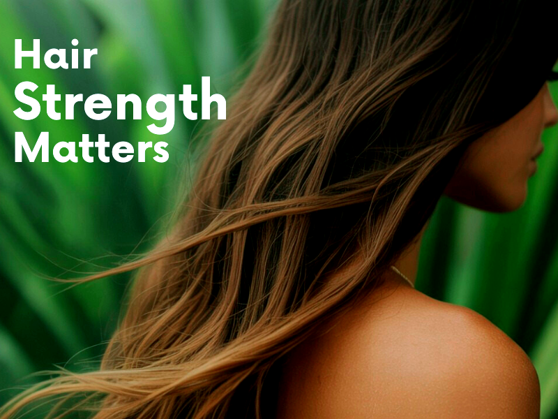 Smooth, strong hair with natural green background – focus on strengthening hair from root to tip with clean care