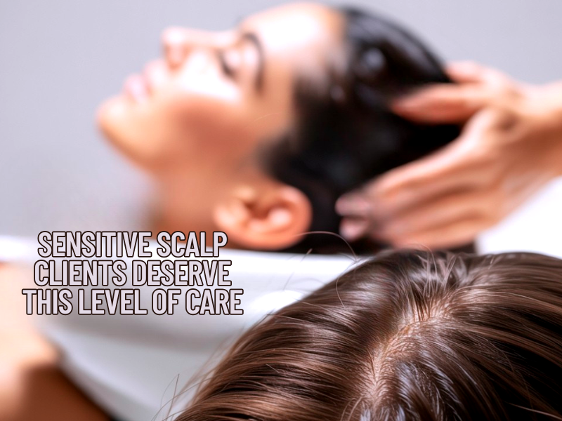 Close-up of salon professional gently washing a client's hair, highlighting care for sensitive scalps with soft touch.