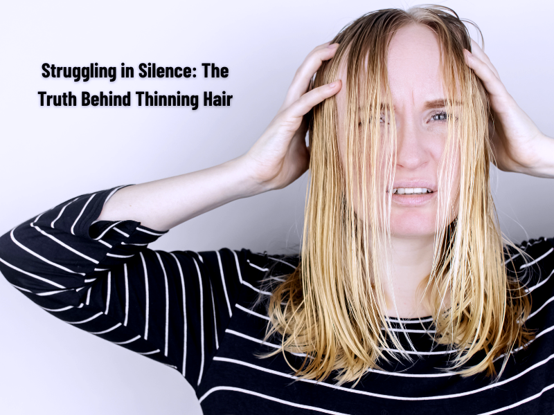 Woman with thinning blonde hair holding her head in frustration, with headline 'Struggling in Silence: The Truth Behind Thinning Hair