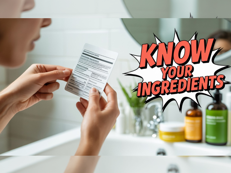 Close-up of hands reading a skincare ingredient label with bold text "Know Your Ingredients" promoting product awareness.