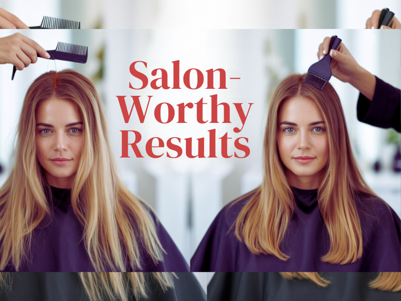 Side-by-side image of a blonde woman’s hair improvement in a salon setting, emphasizing clean beauty results.