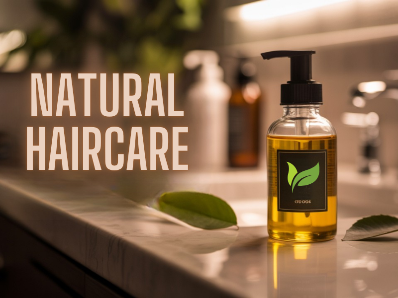 Natural haircare displayed in a modern bathroom setting, promoting clean beauty and ingredient transparency