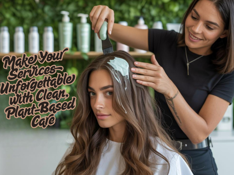 Stylist applying a plant-based scalp treatment to a woman in a salon promoting clean beauty services.