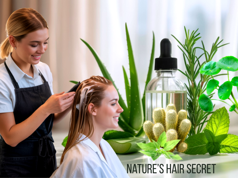 Smiling woman receives plant-based haircare – aloe, mint, and Deserticola blend for healthy hair growth