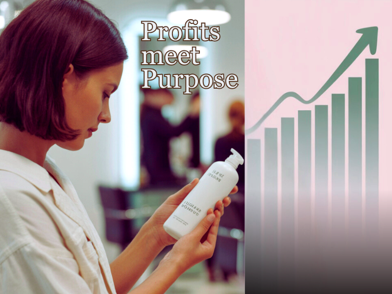 Salon owner with shampoo bottle and growth chart – plant-based products aligning purpose with rising revenue