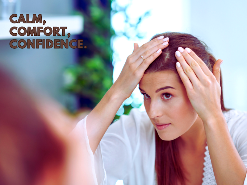 Woman checking scalp health in mirror – calm, comfort, and confidence through soothing scalp care rituals