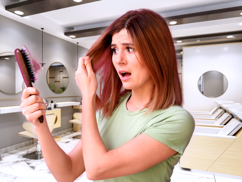 Shocked client in salon discovering hair shedding – possible result of stress, harsh shampoo, or heat damage