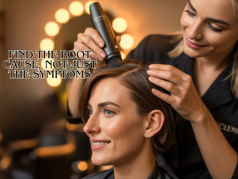 Stylist performing scalp analysis to find root causes of hair thinning – holistic approach to hair health