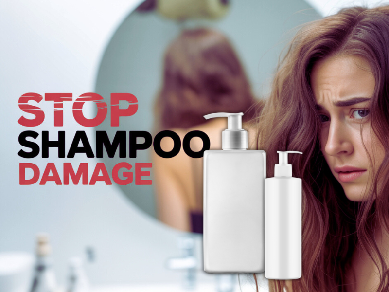 Stop shampoo damage graphic with concerned woman – discover the real cause behind dry, weak, brittle hair