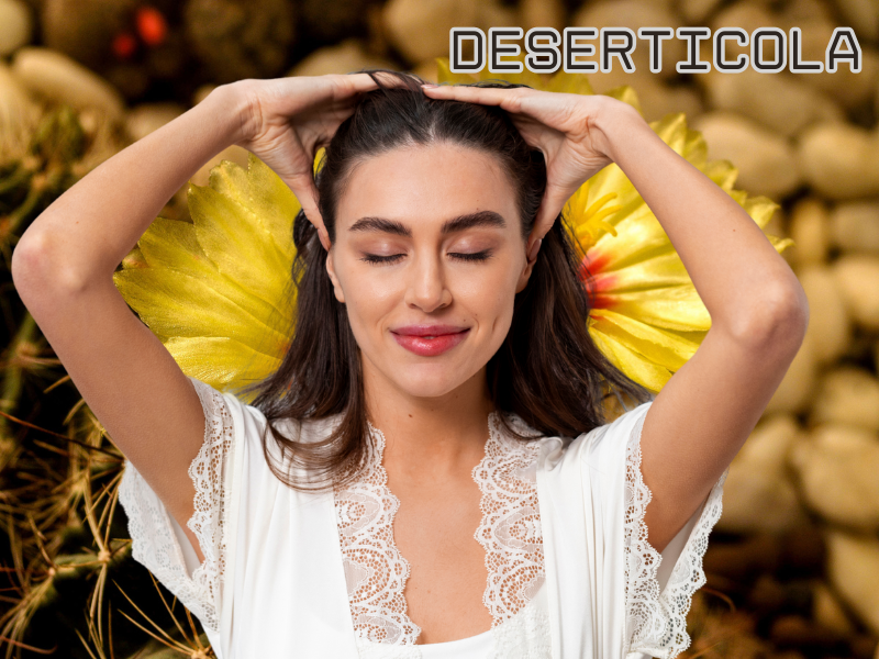 Woman massaging her scalp peacefully with cactus flowers in the background, labeled “Deserticola”.