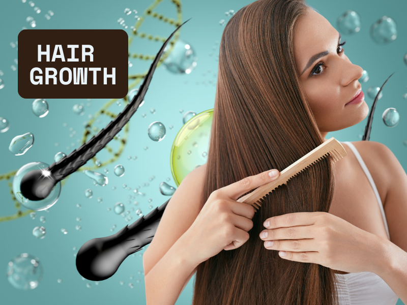 Woman combing long healthy hair with hair follicles and growth elements in the background, labeled “Hair Growth”.