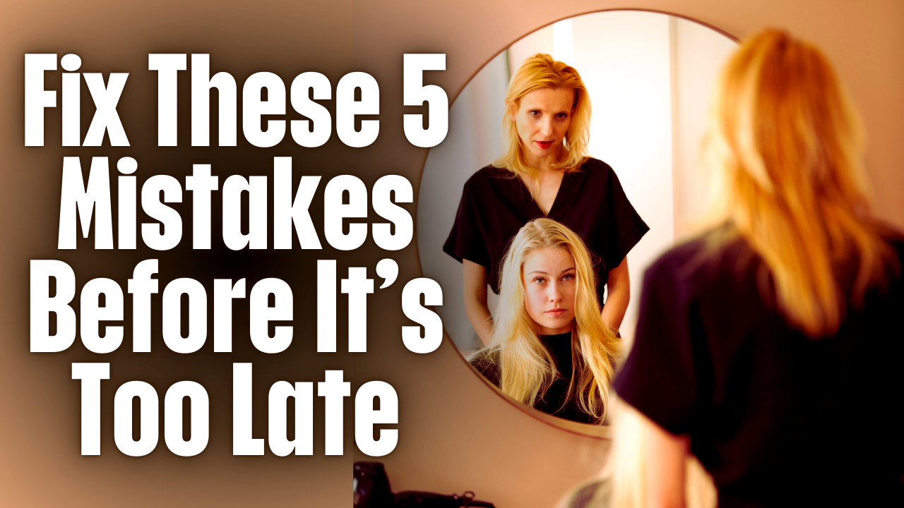 Hairstylist and unhappy client in salon mirror with text: Fix These 5 Mistakes Before It’s Too Late