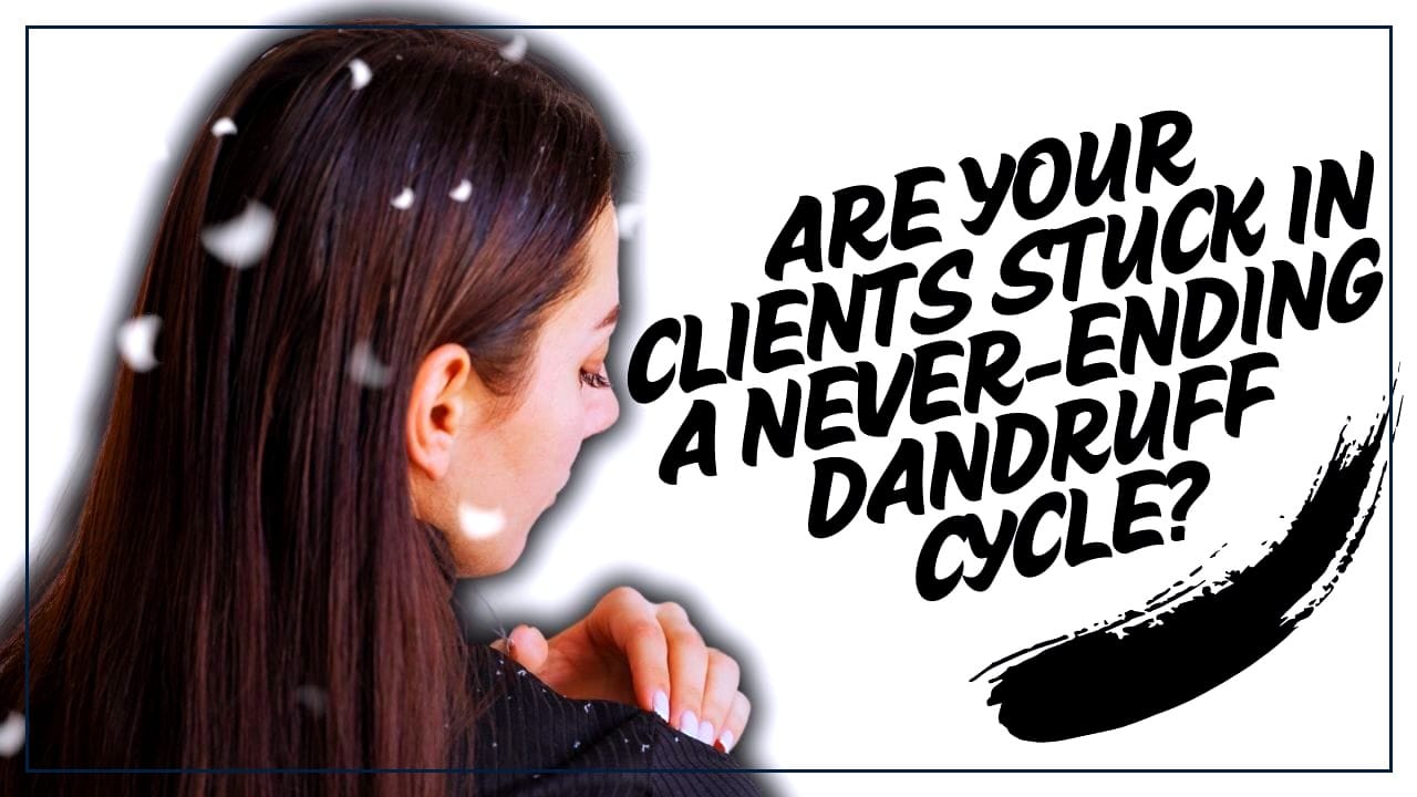 Woman in black sweater brushing dandruff flakes off her shoulder with bold text about the dandruff cycle.
