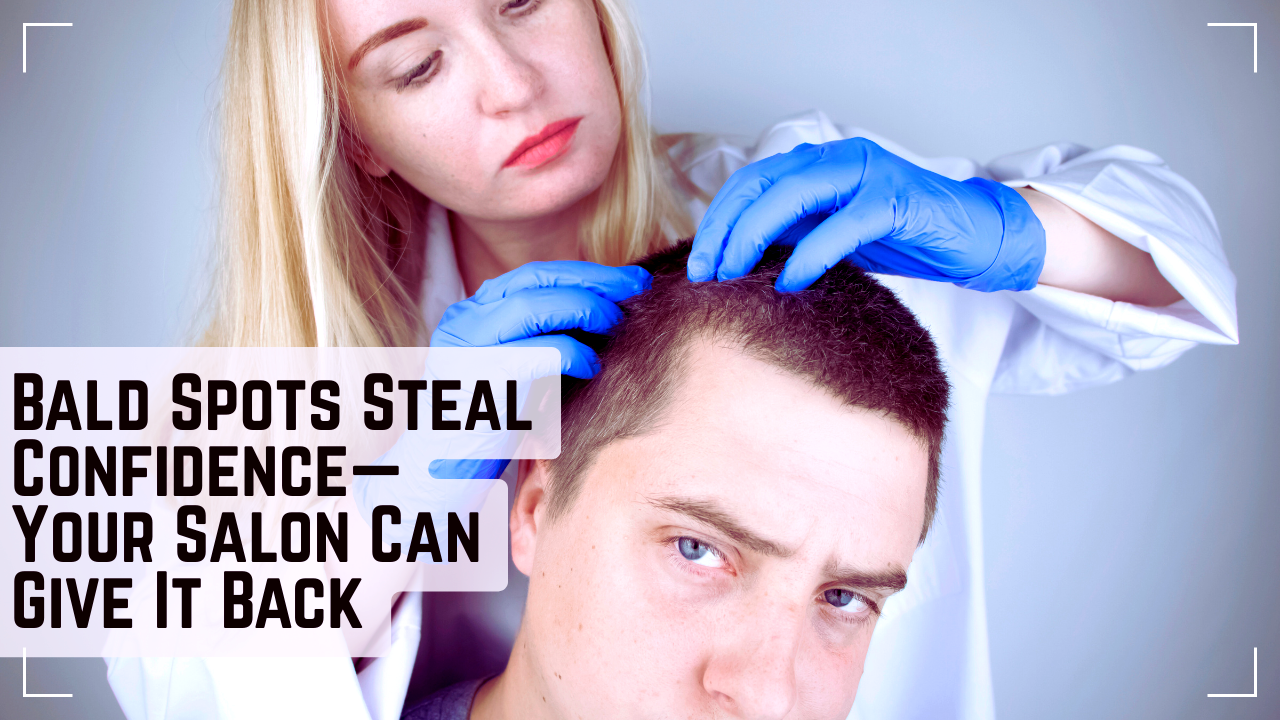 Stylist examines man's bald spot closely, offering hair loss solutions at a salon.