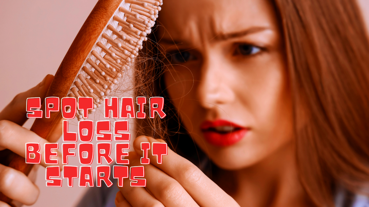 Worried woman examines hairbrush full of hair strands—early signs of hair thinning and loss.