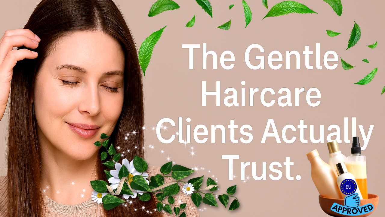 Smiling woman with healthy hair surrounded EU-approved vegan haircare products, promoting gentle, trusted scalp care.