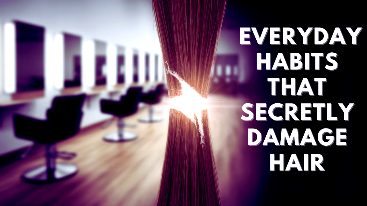 Visual of a split hair strand breaking apart in a salon with the text 'Everyday habits that secretly damage hair'.
