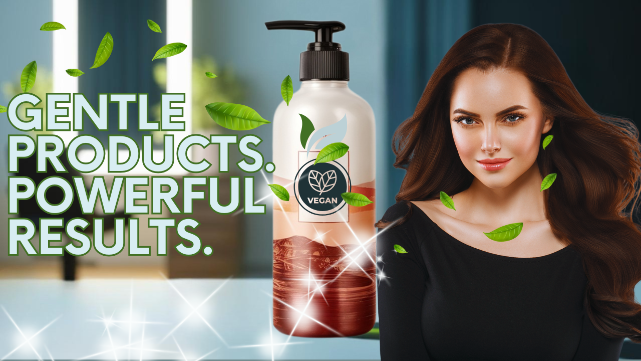 Confident woman with shiny hair beside vegan hair product and green leaves promoting healthy care.