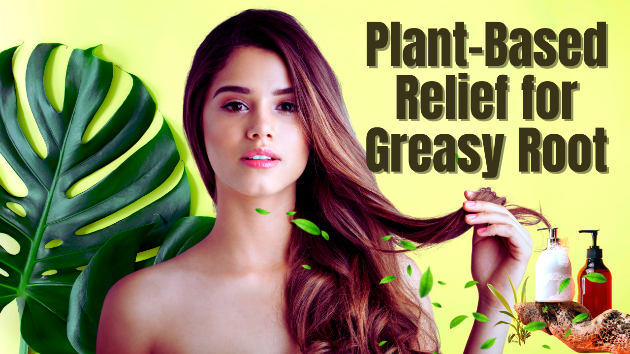 Woman with long hair holding ends; text reads “Plant-Based Relief for Greasy Root” on yellow background.