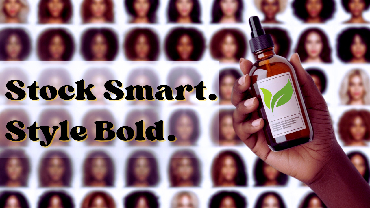 Hand holds vegan hair serum in front of diverse textured hairstyles—message reads “Stock Smart. Style Bold.”