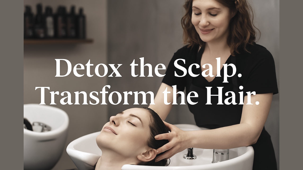 Smiling stylist performs scalp detox for relaxed client, promoting clean beauty hair transformation.