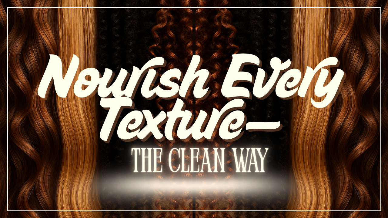 Diverse hair textures from curly to straight with text “Nourish Every Texture—The Clean Way.”