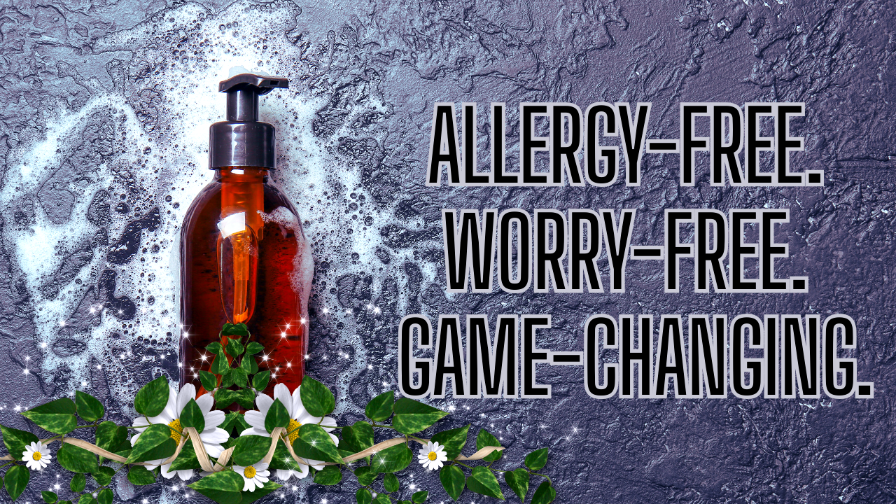 Allergy-free herbal shampoo bottle with flowers – gentle, worry-free haircare for sensitive scalps