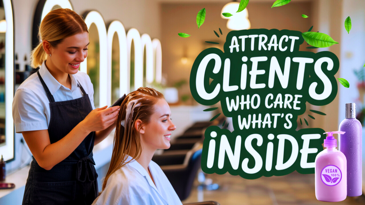 Hairdresser washes client’s hair with clean beauty products, promoting ingredient transparency and trust.