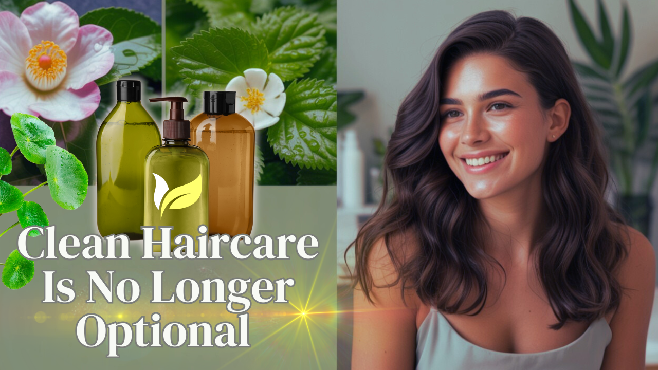 Clean haircare message showing vibrant natural ingredients, glowing woman, and the reminder that healthy beauty choices are essential, not optional.