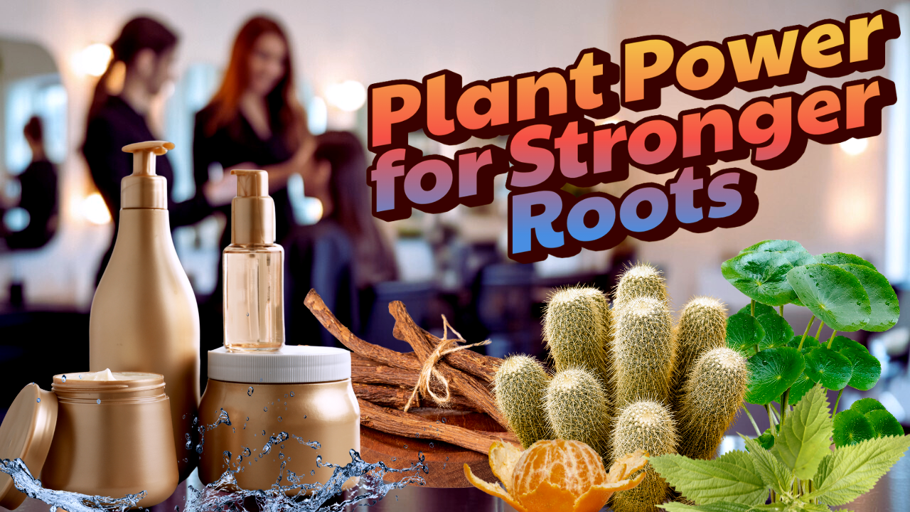 Plant-based salon products with cactus, licorice root, and herbs for stronger hair roots and clean beauty results.