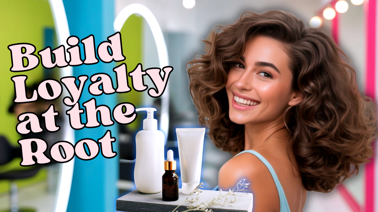 Smiling client with voluminous curls showcasing Korean plant-based haircare products in a modern salon.