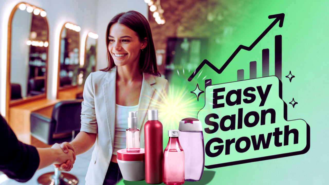 Smiling salon owner shaking hands with client in front of clean beauty product display and growth chart.