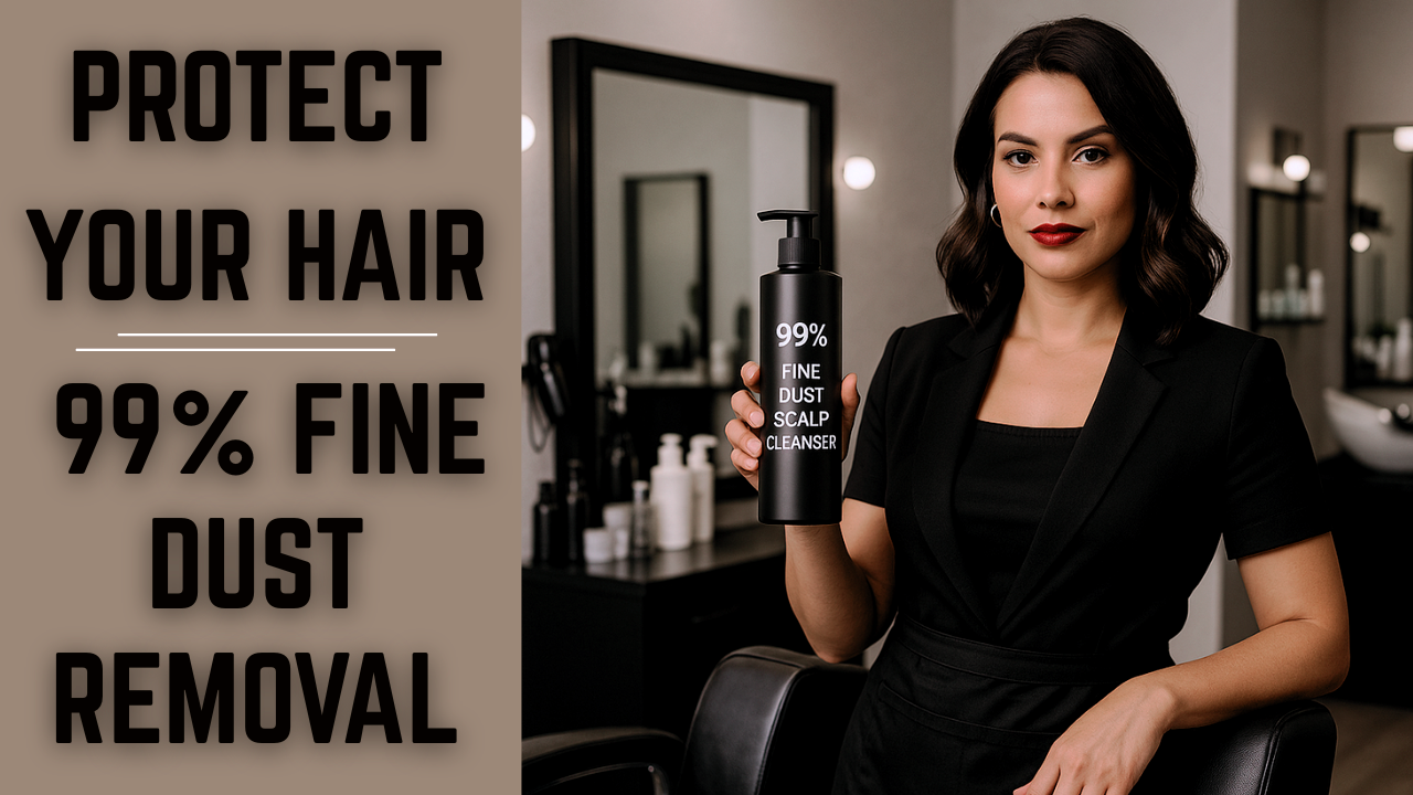 Salon expert showcasing clean haircare product for scalp cleansing—emphasizing 99% fine dust removal, scalp health, and protective haircare.